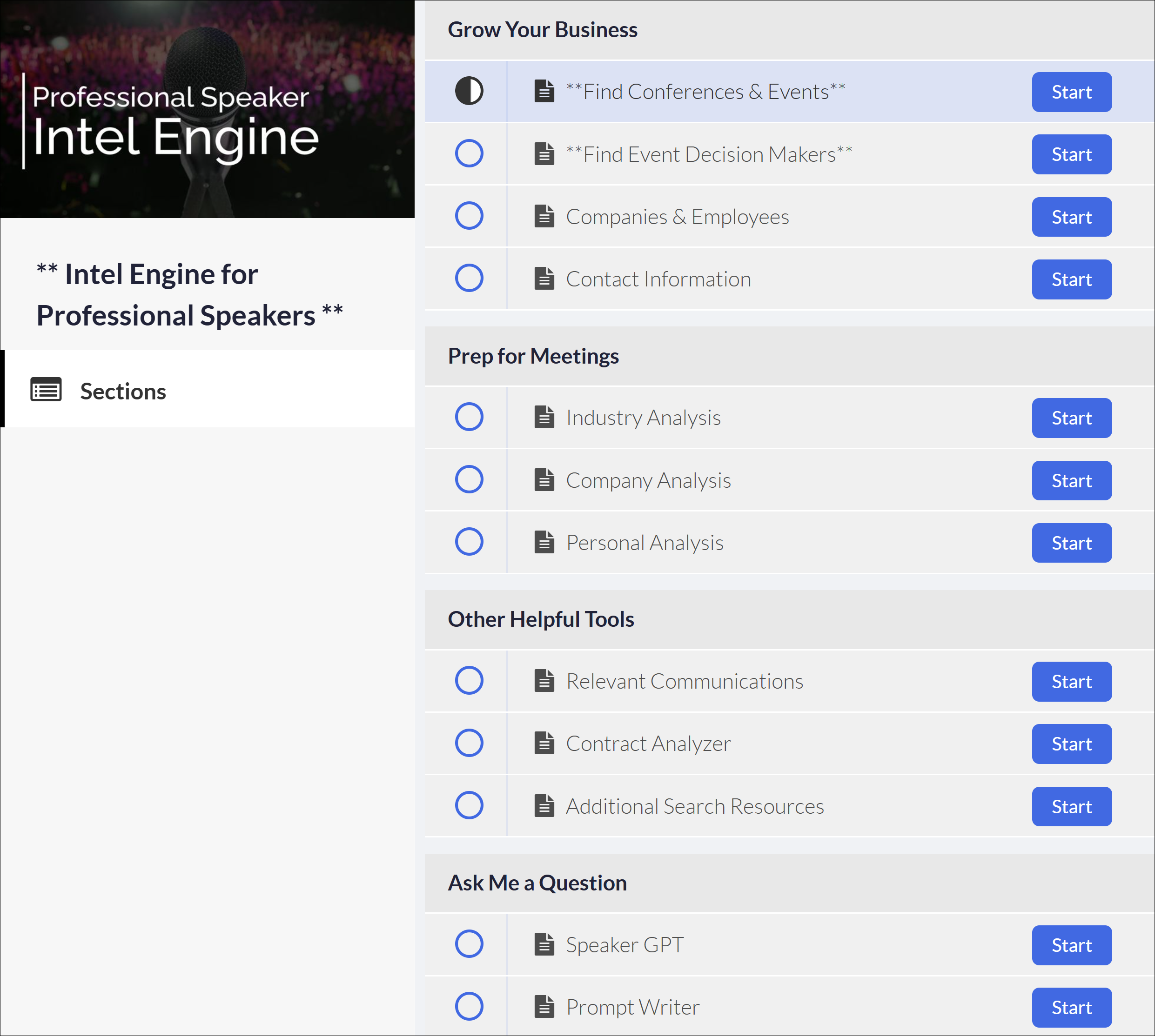 The Intel Engine dashboard showing Grow Your Business, Prep for Meetings, Other Helpful Tools, and Ask Me a Question modules