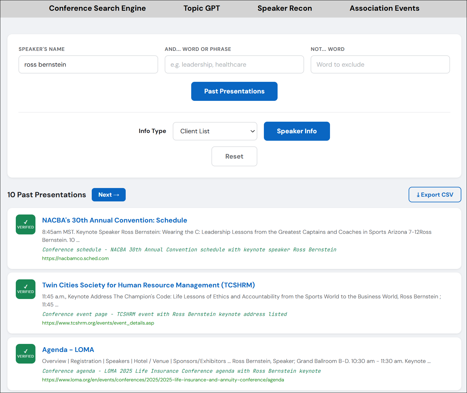 Speaker Recon search results showing 10 verified past presentations for Ross Bernstein